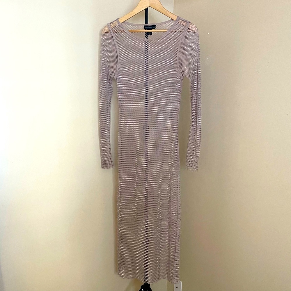 House of Harlow 1960 Beige Rhinestone Mesh Long Sleeve Dress